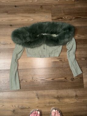 Fashion Nova Sage Green Faux-Fur Trim Ribbed Crop Cardigan